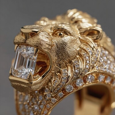 Iced Out Roaring Lion Head Ring in Gold