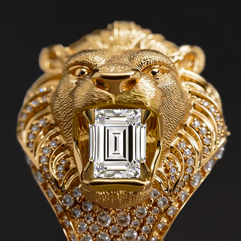 Iced Out Roaring Lion Head Ring in Gold
