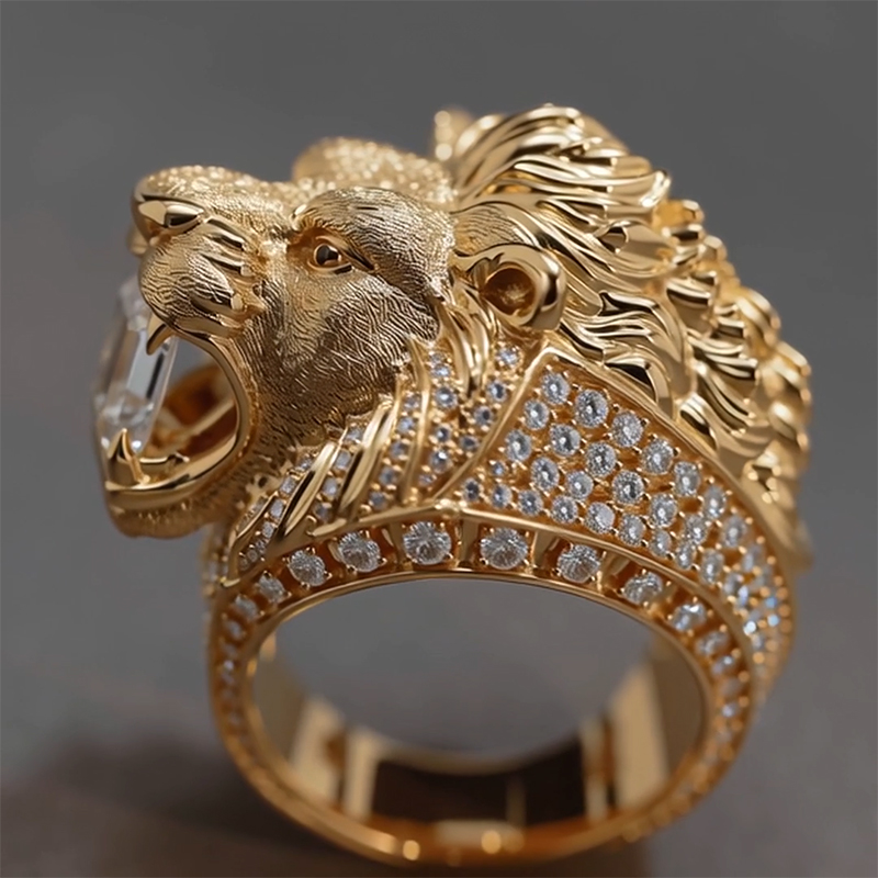 Iced Out Roaring Lion Head Ring in Gold