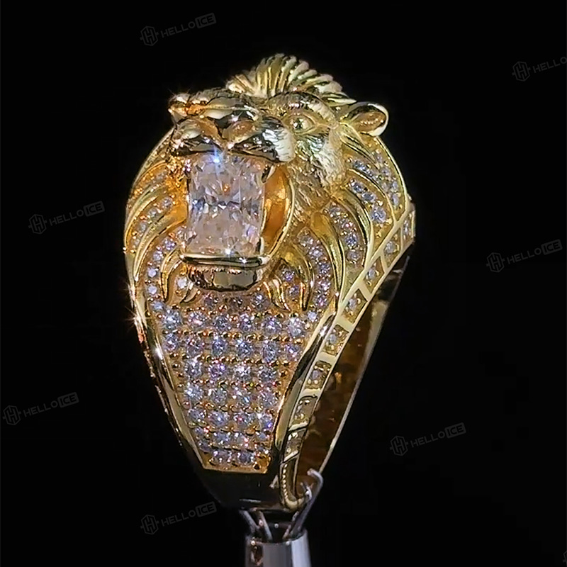 Iced Out Roaring Lion Head Ring in Gold