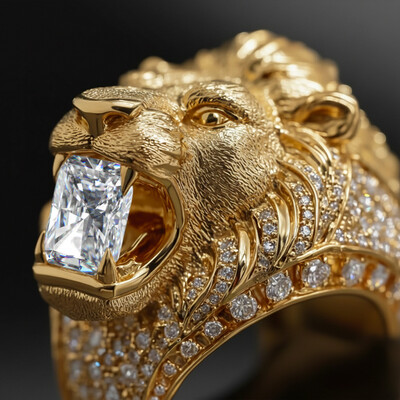 Iced Out Roaring Lion Head Ring in Gold