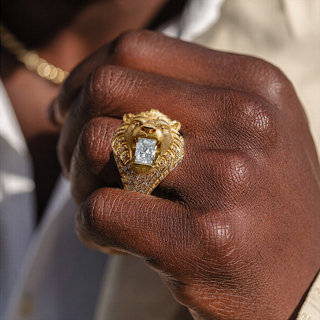 Iced Out Roaring Lion Head Ring in Gold