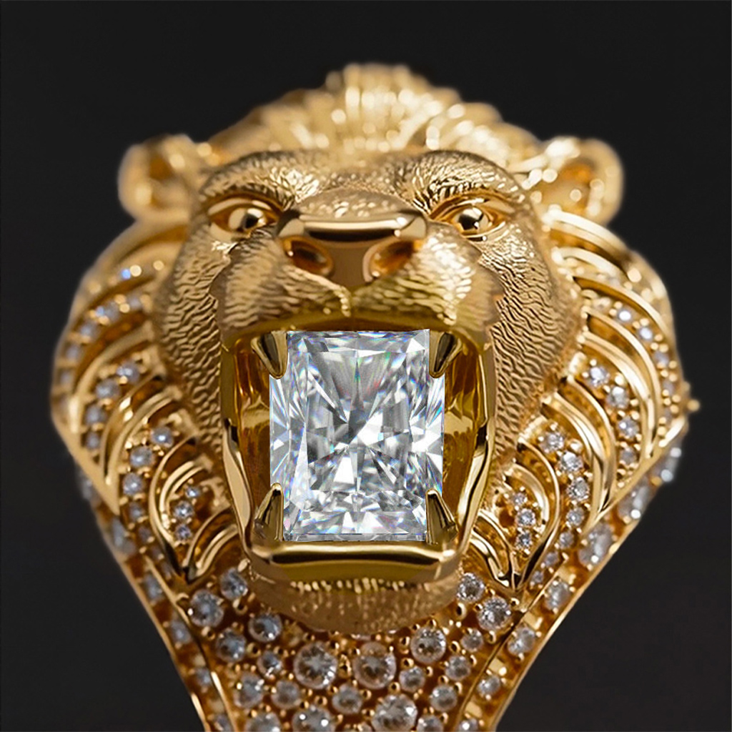 Iced Out Roaring Lion Head Ring in Gold