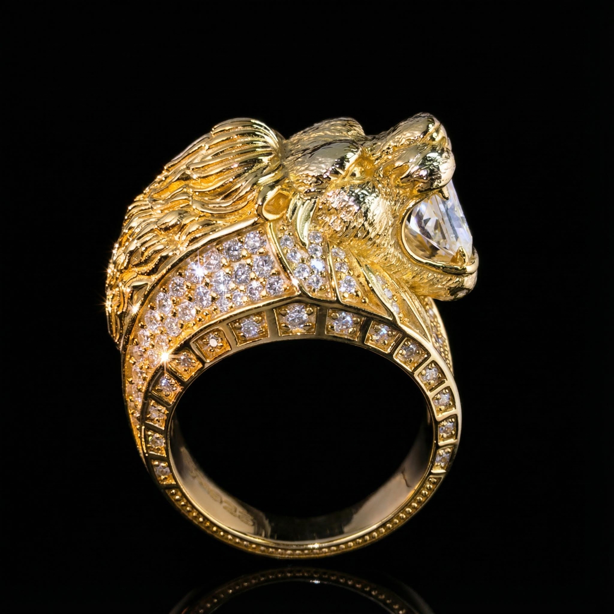 Iced Out Lion's Bite of Radiant Cut Diamons Ring in Gold Iced Out Lion's Bite of Radiant Cut Diamons Ring in Gold