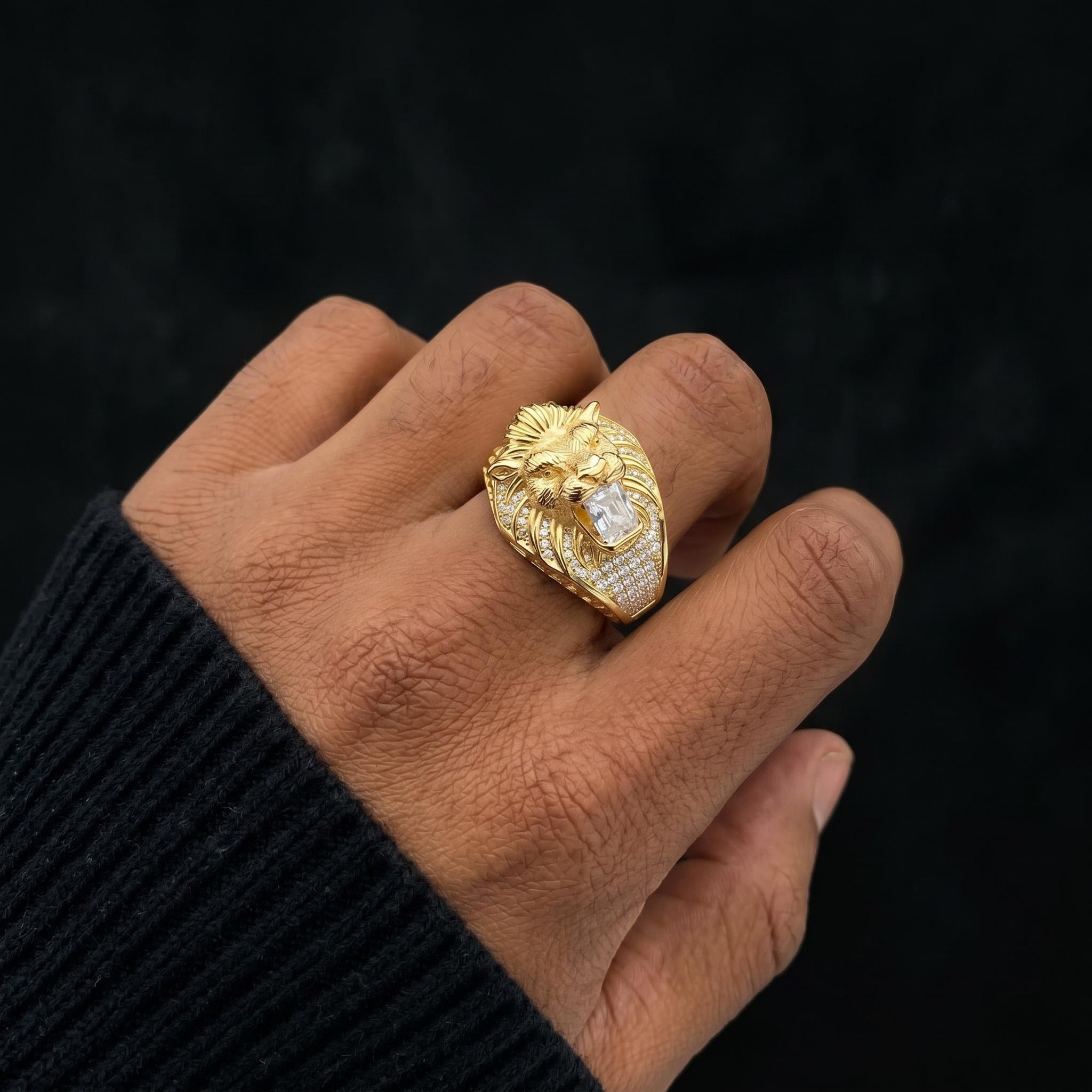 Iced Out Lion's Bite of Radiant Cut Diamons Ring in Gold