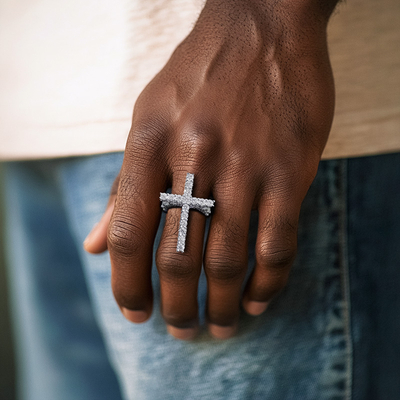 Iced Round Cut Cross Pave Men's Ring in White Gold