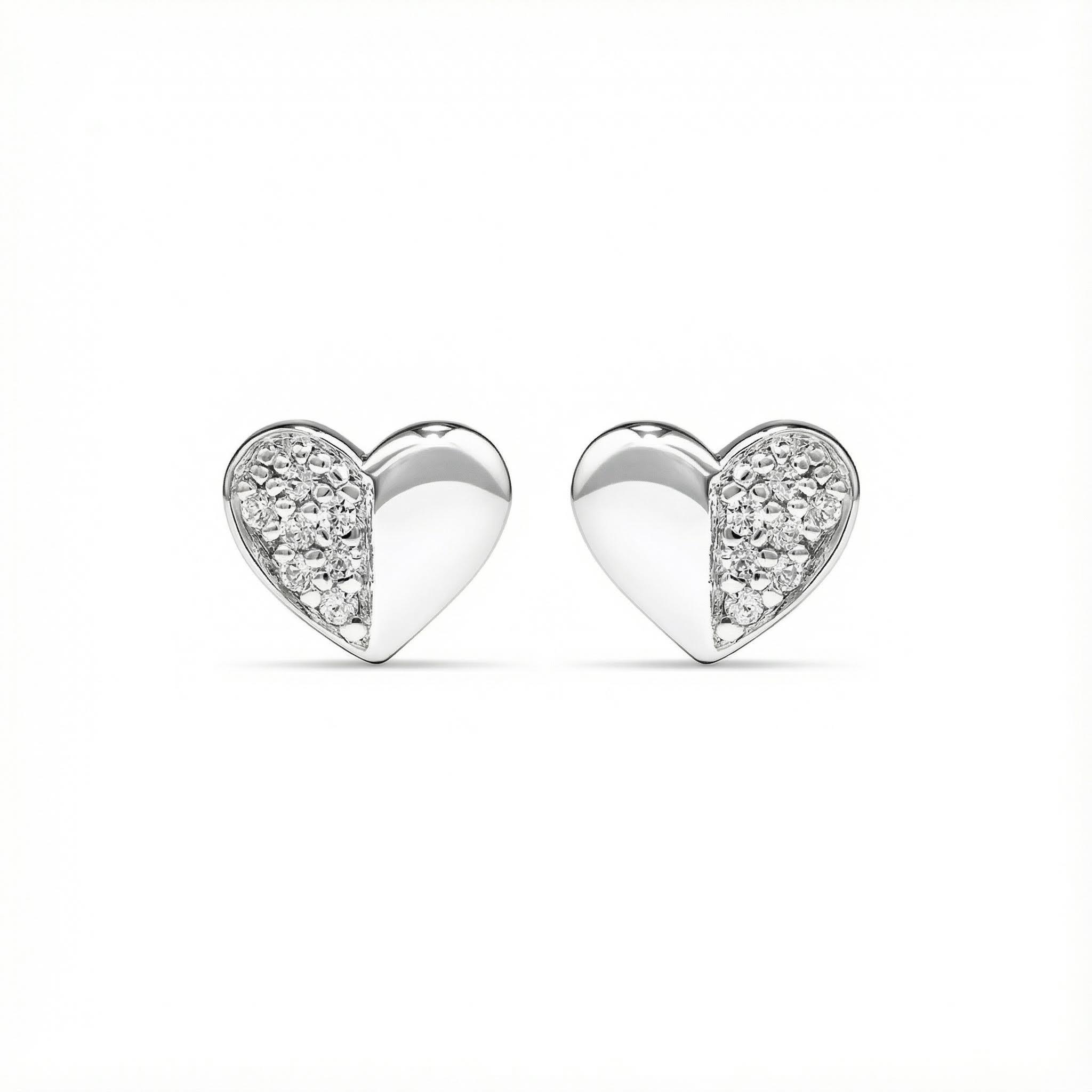 S925 Silver Diamond Heart Halves Stud Earrings