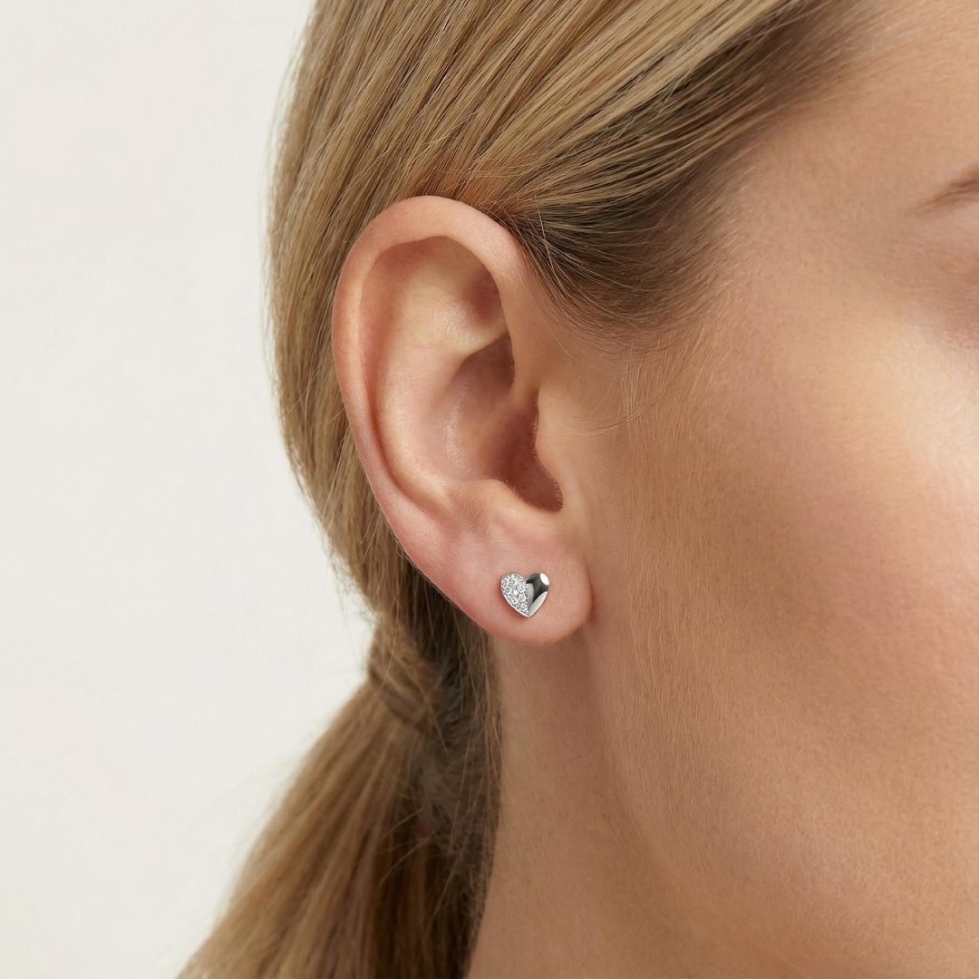 S925 Silver Diamond Heart Halves Stud Earrings