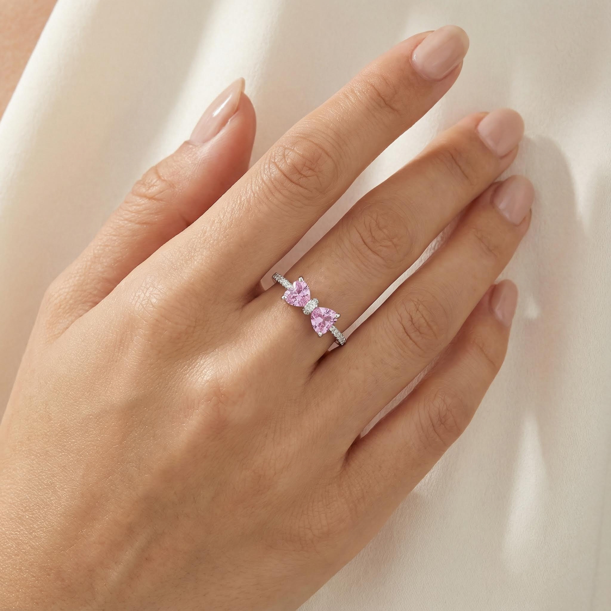 S925 Silver Pink Bow Engagement Ring
