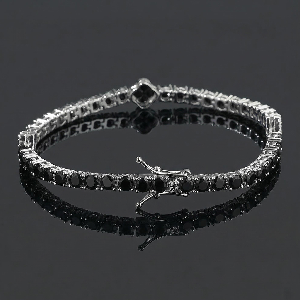 Iced Out Black Four Leaf Clover Tennis Bracelet in White Gold