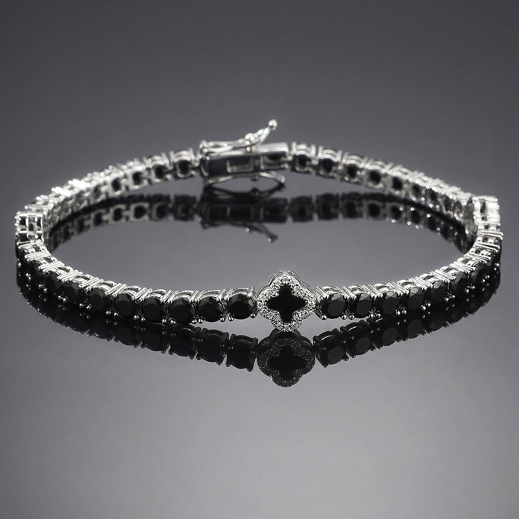 Iced Out Black Four Leaf Clover Tennis Bracelet in White Gold