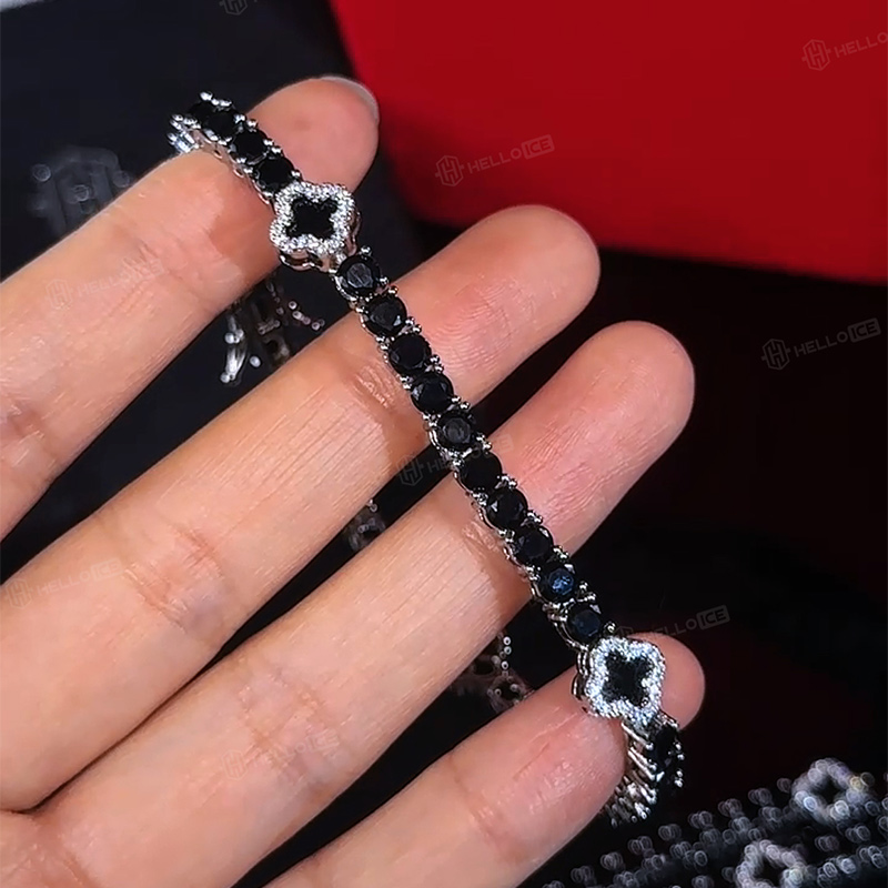 Iced Out Black Four Leaf Clover Tennis Bracelet in White Gold