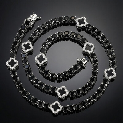 Iced Out Black Four Leaf Clover Tennis Chain in White Gold