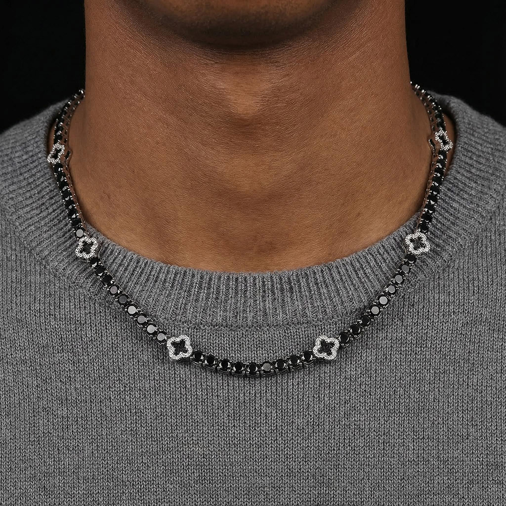 Iced Out Black Four Leaf Clover Tennis Chain in White Gold