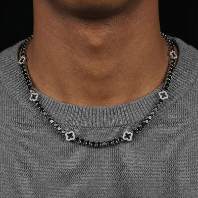 Iced Out Black Four Leaf Clover Tennis Chain in White Gold