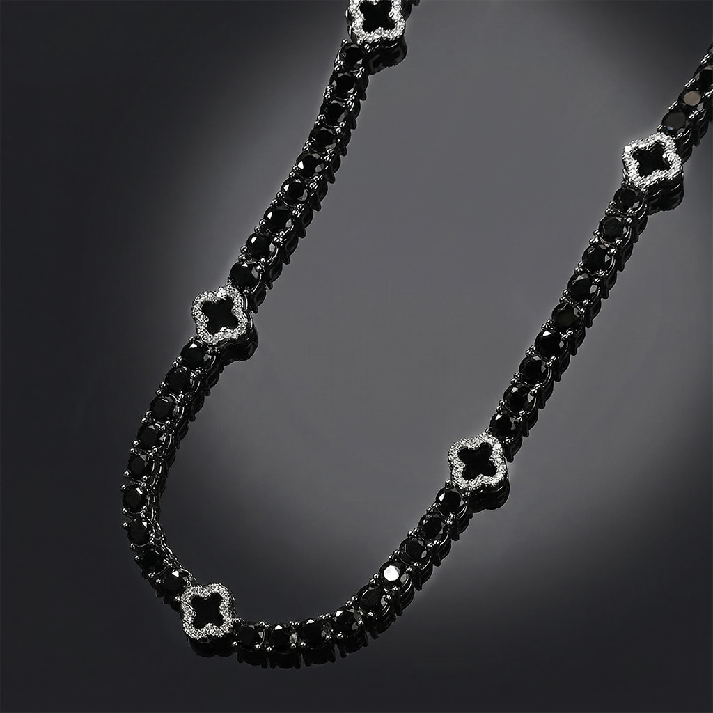 Iced Out Black Four Leaf Clover Tennis Chain in White Gold