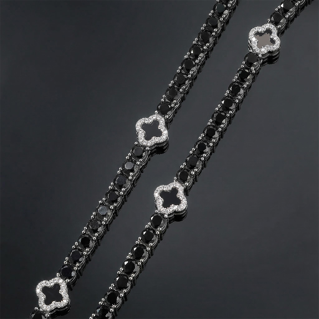 Iced Out Black Four Leaf Clover Tennis Chain in White Gold