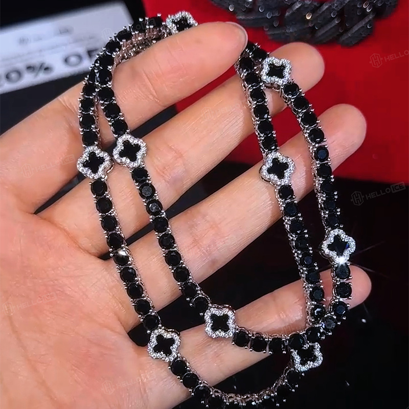 Iced Out Black Four Leaf Clover Tennis Chain in White Gold