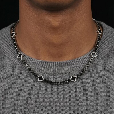 Iced Out Black Four Leaf Clover Tennis Chain in White Gold