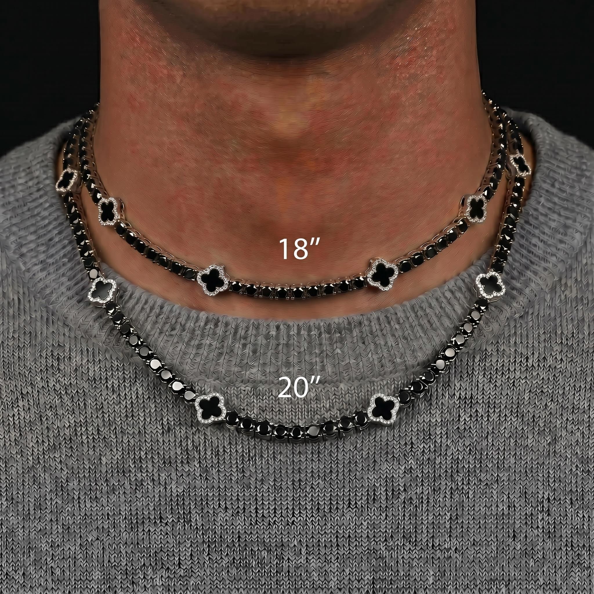Iced Out Black Four Leaf Clover Tennis Chain in White Gold Iced Out Black Four Leaf Clover Tennis Chain in White Gold