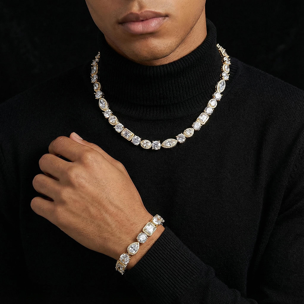 10mm Iced Out Multi Shaped Diamond Chain & Bracelet Set 10mm Iced Out Multi Shaped Diamond Chain & Bracelet Set