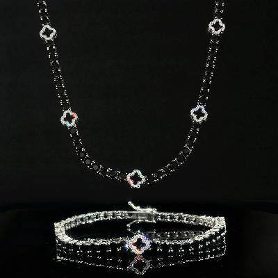 Iced Out Black Four Leaf Clover Tennis Chain and Bracelet in White Gold
