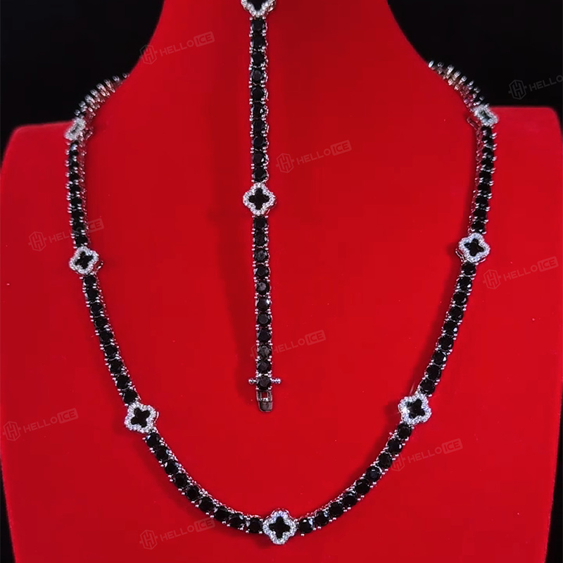 Iced Out Black Four Leaf Clover Tennis Chain and Bracelet in White Gold Iced Out Black Four Leaf Clover Tennis Chain and Bracelet in White Gold