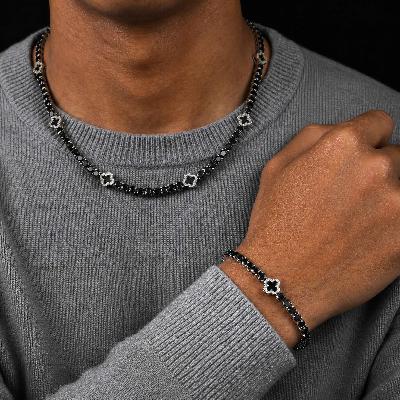 Iced Out Black Four Leaf Clover Tennis Chain and Bracelet in White Gold