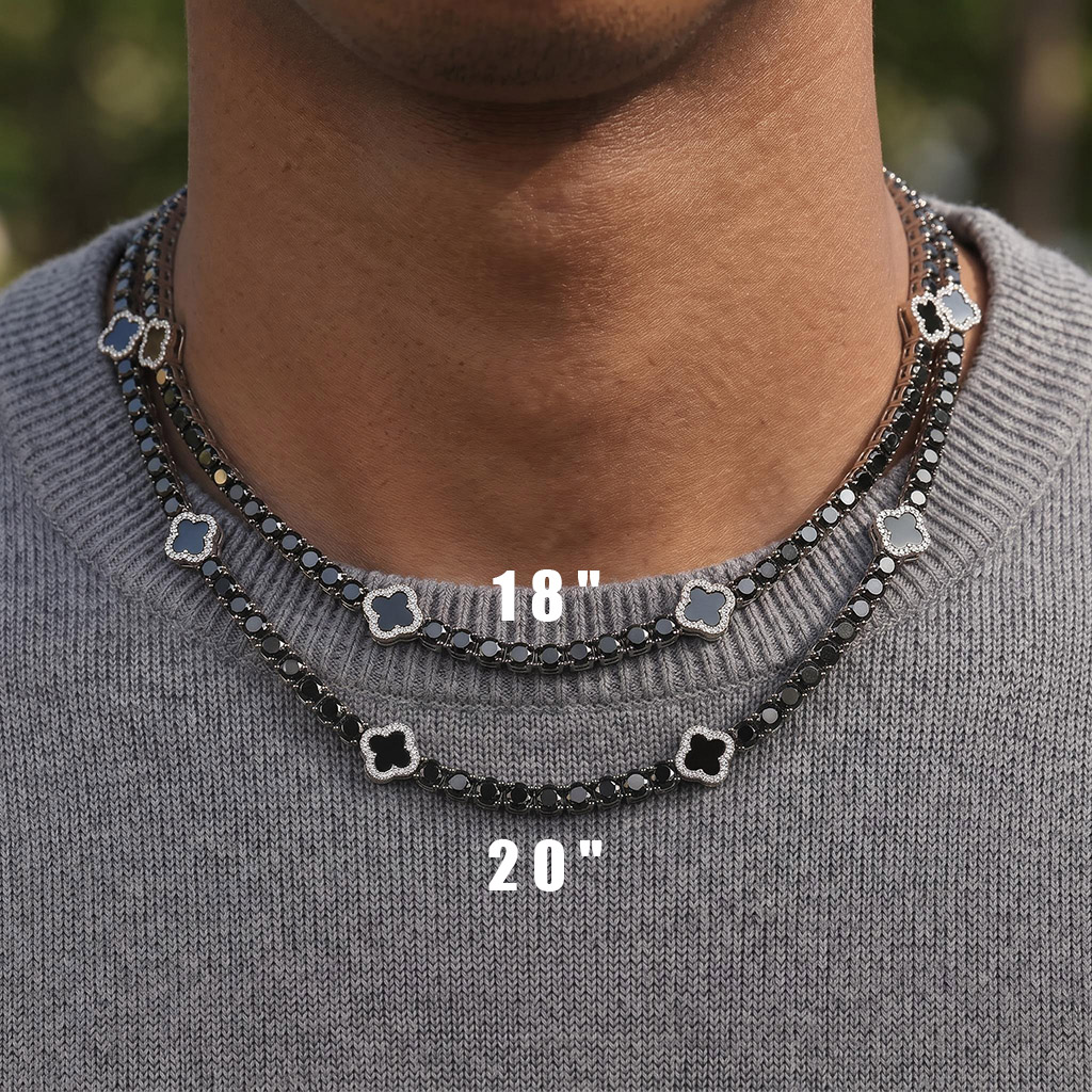 Iced Out Black Four Leaf Clover Tennis Chain and Bracelet in White Gold