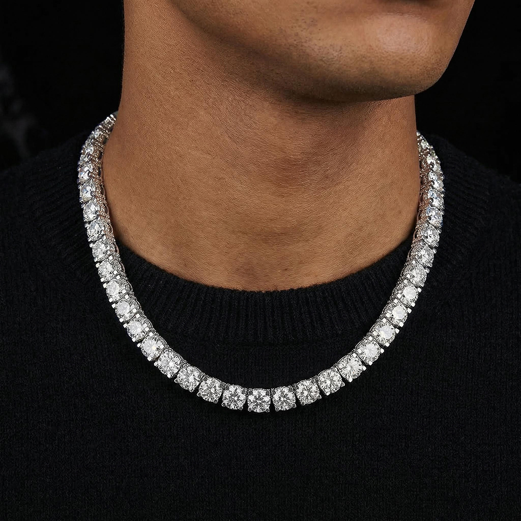 925S & VVS Moissanite 6.5mm Iced Out Sides Tennis Chain