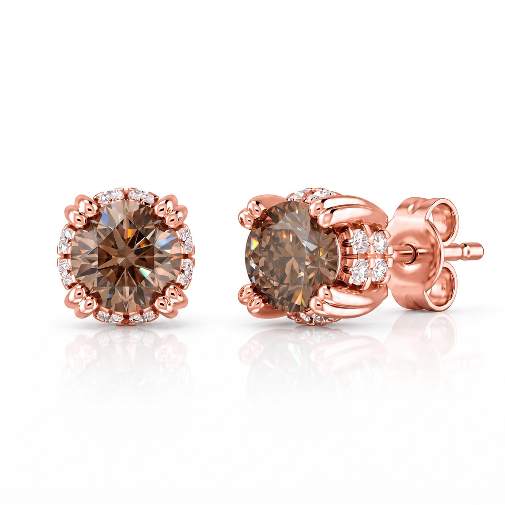 Coffee Chocolate Stone Round Diamond Halo Stud Earrings Coffee Chocolate Stone Round Diamond Halo Stud Earrings