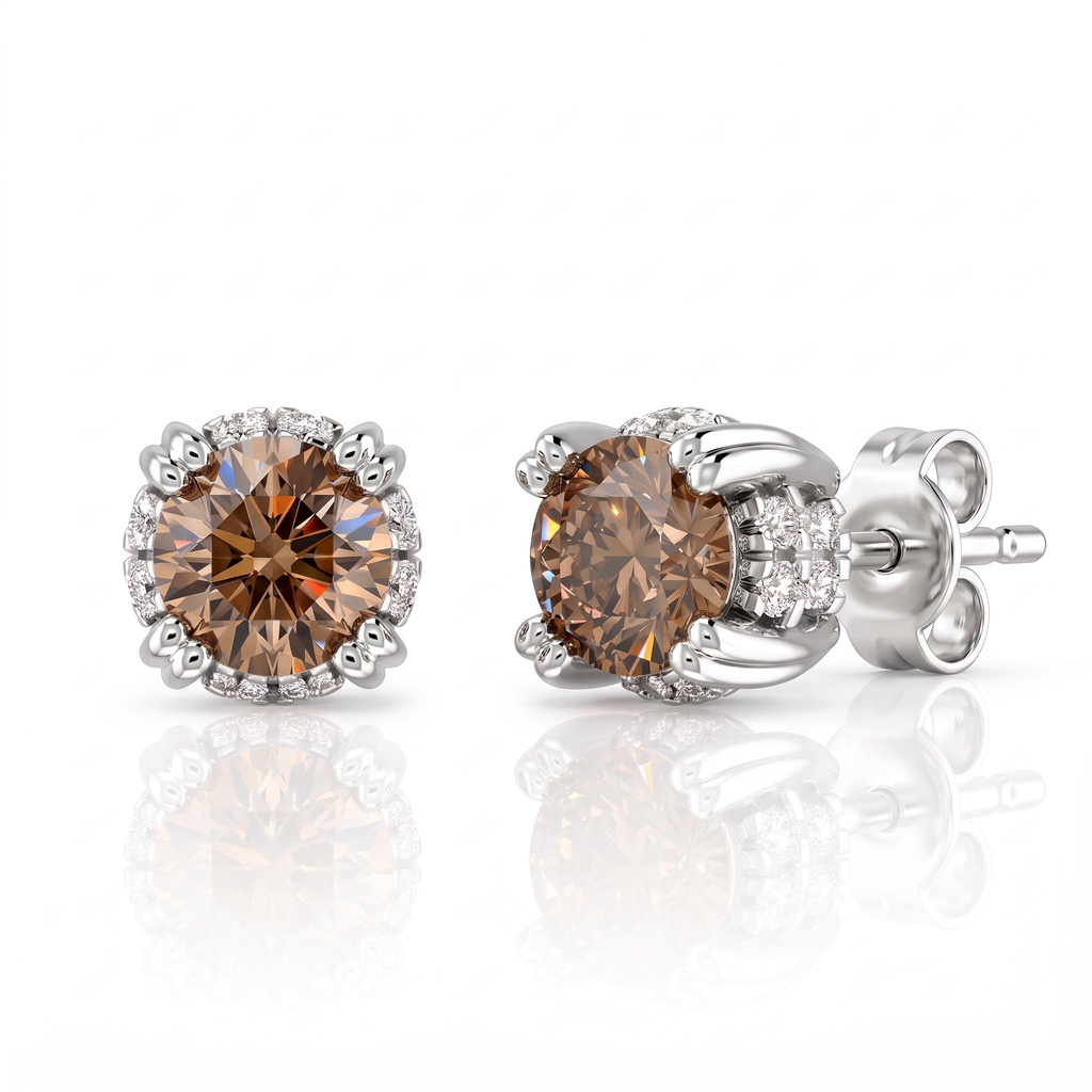 Coffee Chocolate Stone Round Diamond Halo Stud Earrings Coffee Chocolate Stone Round Diamond Halo Stud Earrings