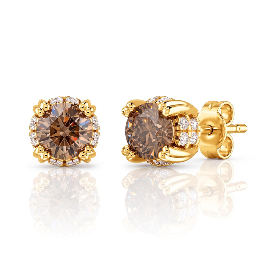 Coffee Chocolate Stone Round Diamond Halo Stud Earrings Coffee Chocolate Stone Round Diamond Halo Stud Earrings