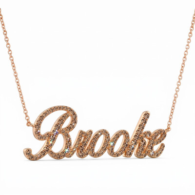Coffee Chocolate Stone Script Nameplate Diamond Necklace