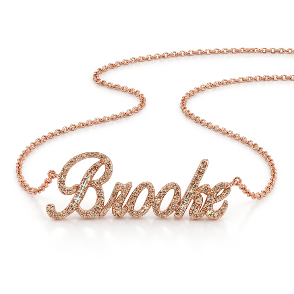 Coffee Chocolate Stone Script Nameplate Diamond Necklace