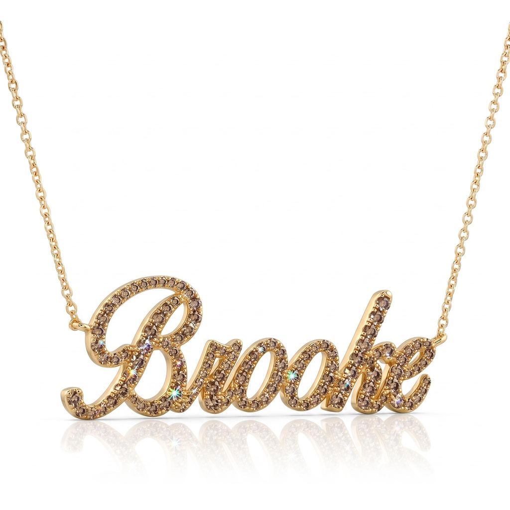 Coffee Chocolate Stone Script Nameplate Diamond Necklace