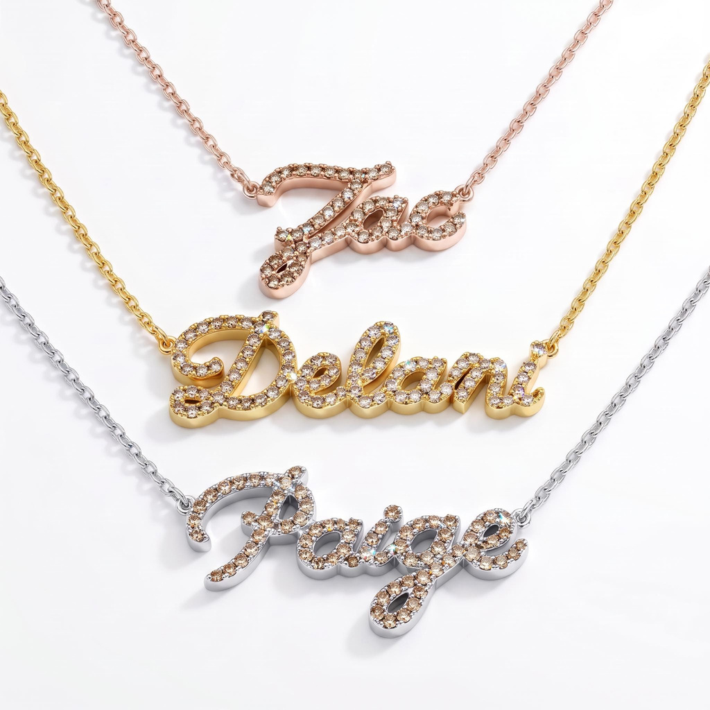 Coffee Chocolate Stone Script Nameplate Diamond Necklace