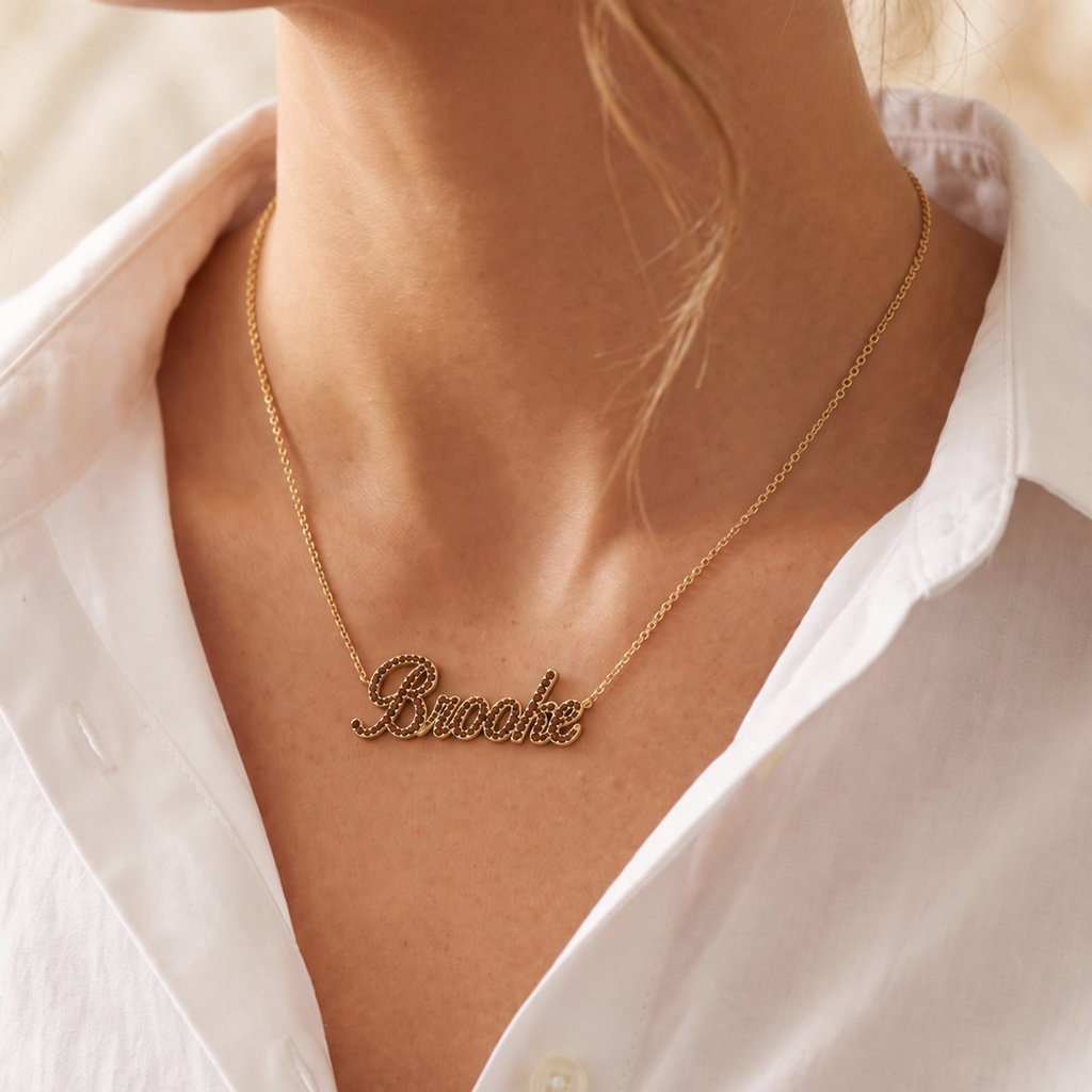 Coffee Chocolate Stone Script Nameplate Diamond Necklace