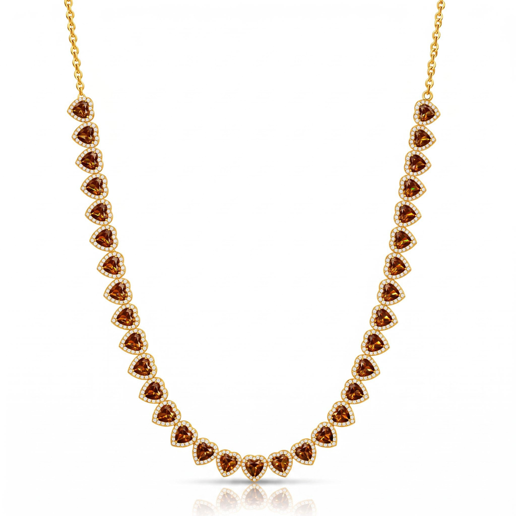 Coffee Chocolate Stone Heart Cut Halo Tennis Necklace