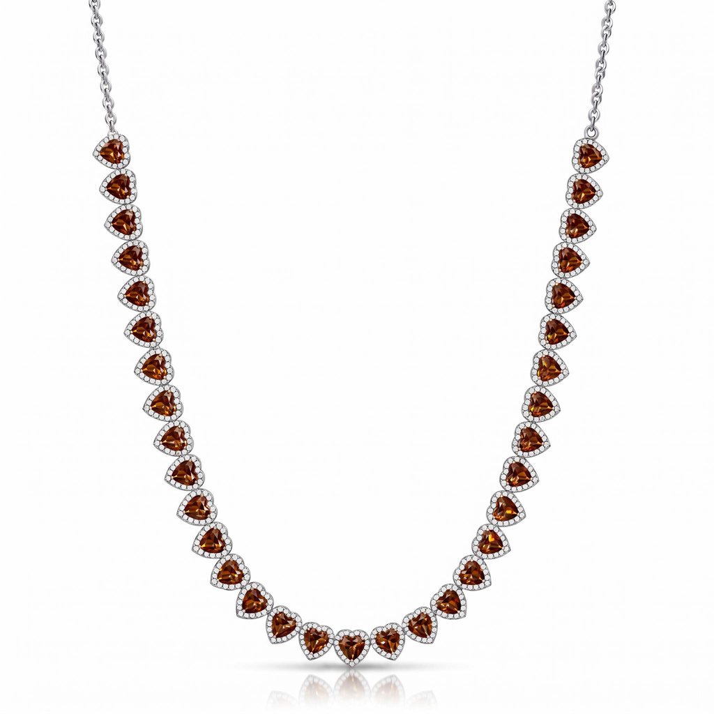 Coffee Chocolate Stone Heart Cut Halo Tennis Necklace