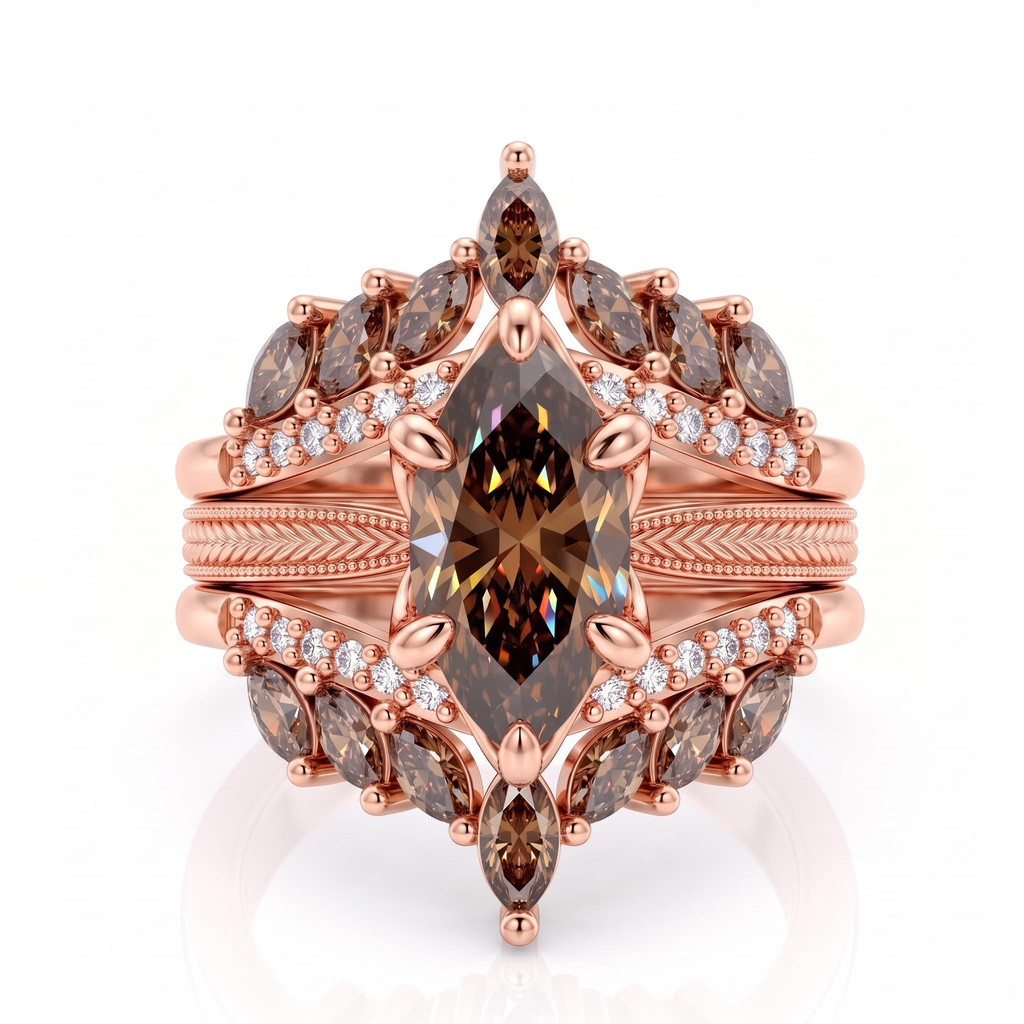 4.42 ct.tw. Coffee Chocolate Stone Vintage Wheat Pattern Marquise Champagne Diamond Ring Set 4.42 ct.tw. Coffee Chocolate Stone Vintage Wheat Pattern Marquise Champagne Diamond Ring Set