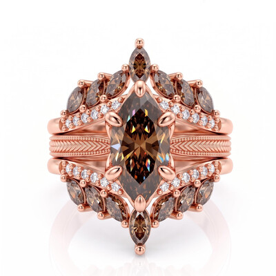 4.42 ct.tw. Coffee Chocolate Stone Vintage Wheat Pattern Marquise Champagne Diamond Ring Set