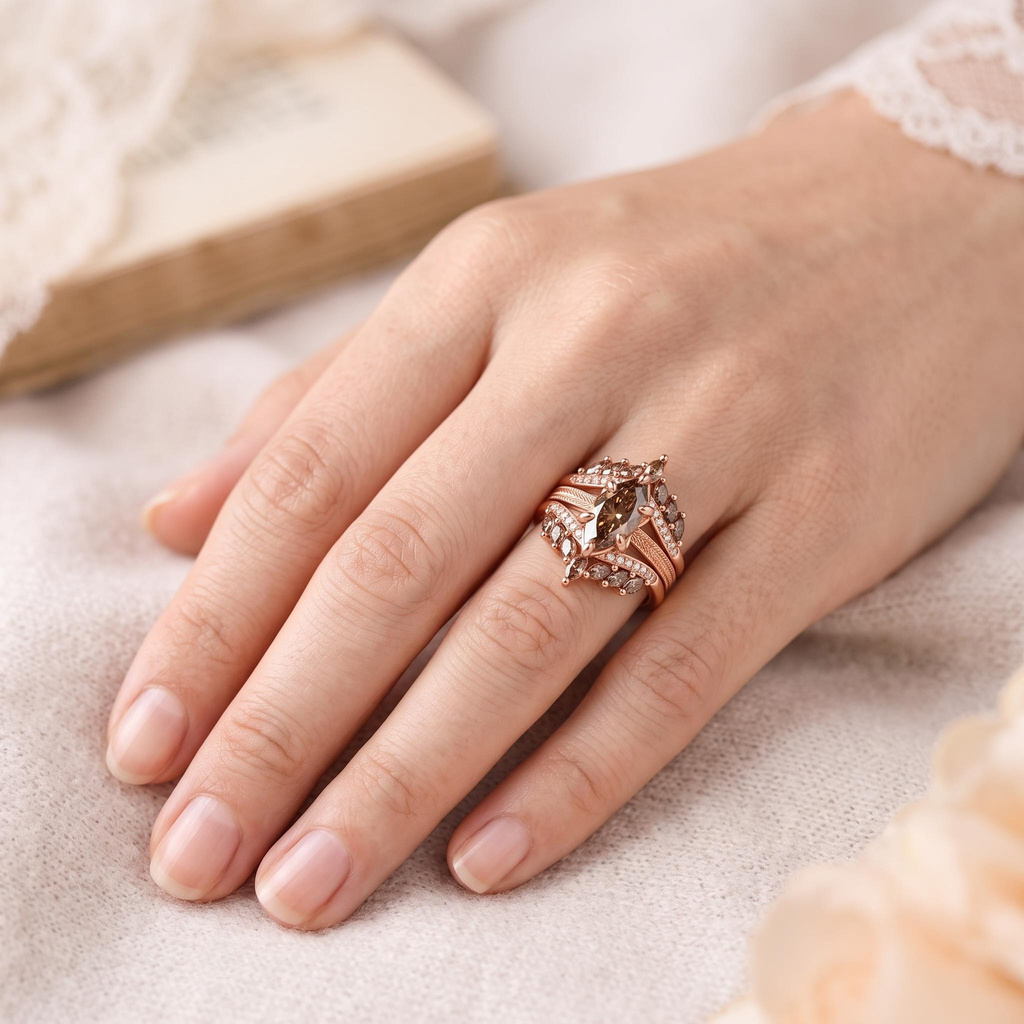 4.42 ct.tw. Coffee Chocolate Stone Vintage Wheat Pattern Marquise Champagne Diamond Ring Set 4.42 ct.tw. Coffee Chocolate Stone Vintage Wheat Pattern Marquise Champagne Diamond Ring Set