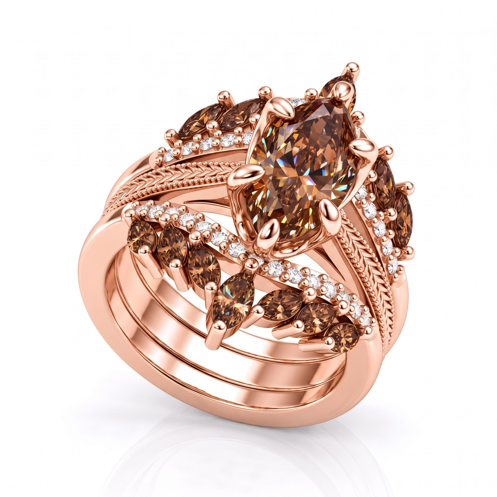 4.42 ct.tw. Coffee Chocolate Stone Vintage Wheat Pattern Marquise Champagne Diamond Ring Set 4.42 ct.tw. Coffee Chocolate Stone Vintage Wheat Pattern Marquise Champagne Diamond Ring Set