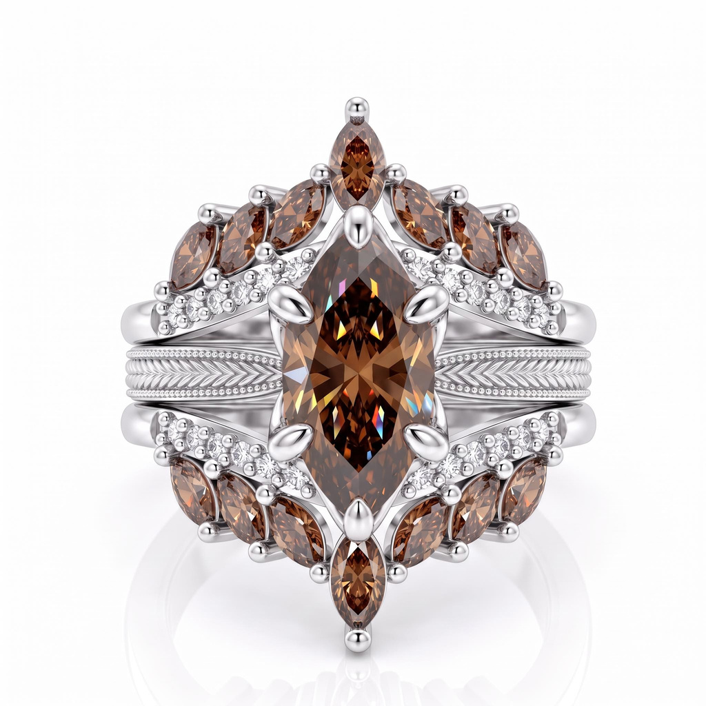 4.42 ct.tw. Coffee Chocolate Stone Vintage Wheat Pattern Marquise Champagne Diamond Ring Set 4.42 ct.tw. Coffee Chocolate Stone Vintage Wheat Pattern Marquise Champagne Diamond Ring Set