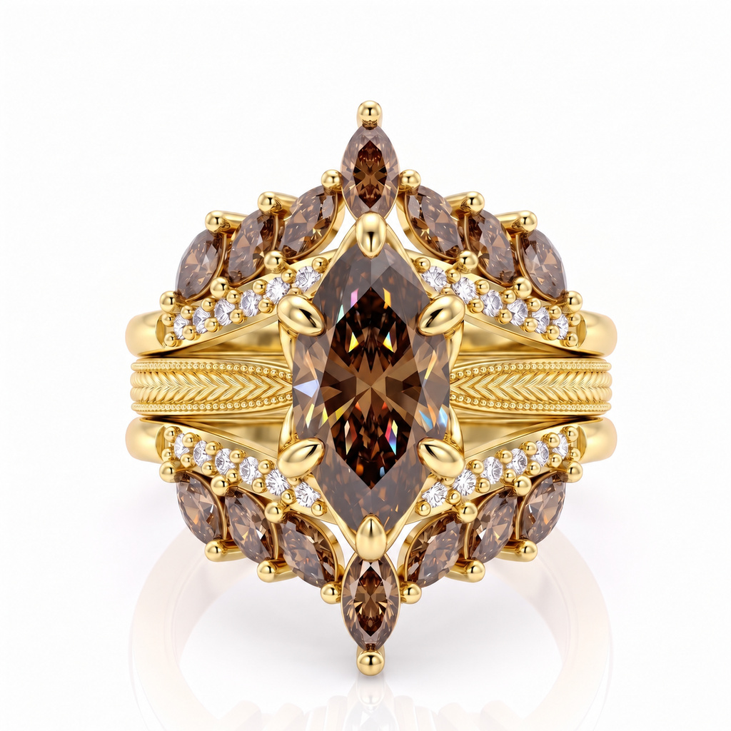 4.42 ct.tw. Coffee Chocolate Stone Vintage Wheat Pattern Marquise Champagne Diamond Ring Set 4.42 ct.tw. Coffee Chocolate Stone Vintage Wheat Pattern Marquise Champagne Diamond Ring Set