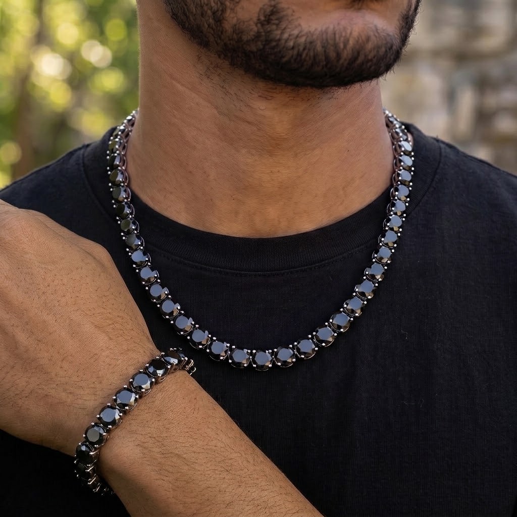 10mm Black Stone Tennis Chain And Bracelet 10mm Black Stone Tennis Chain And Bracelet
