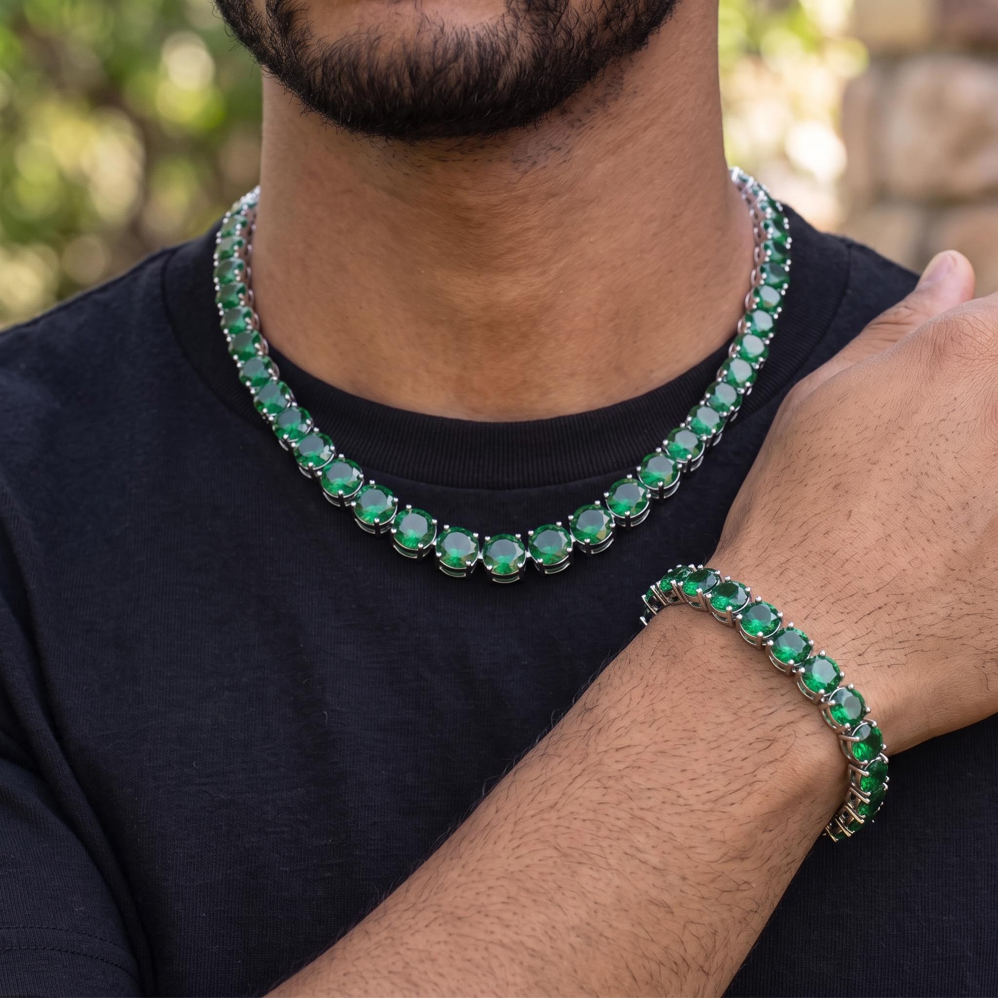 10mm Green Stone Tennis Chain And Bracelet 10mm Green Stone Tennis Chain And Bracelet