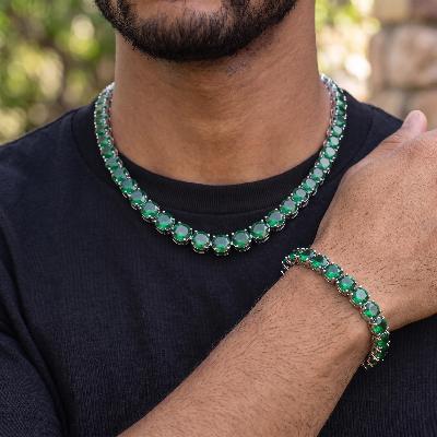 10mm Green Stone Tennis Chain And Bracelet