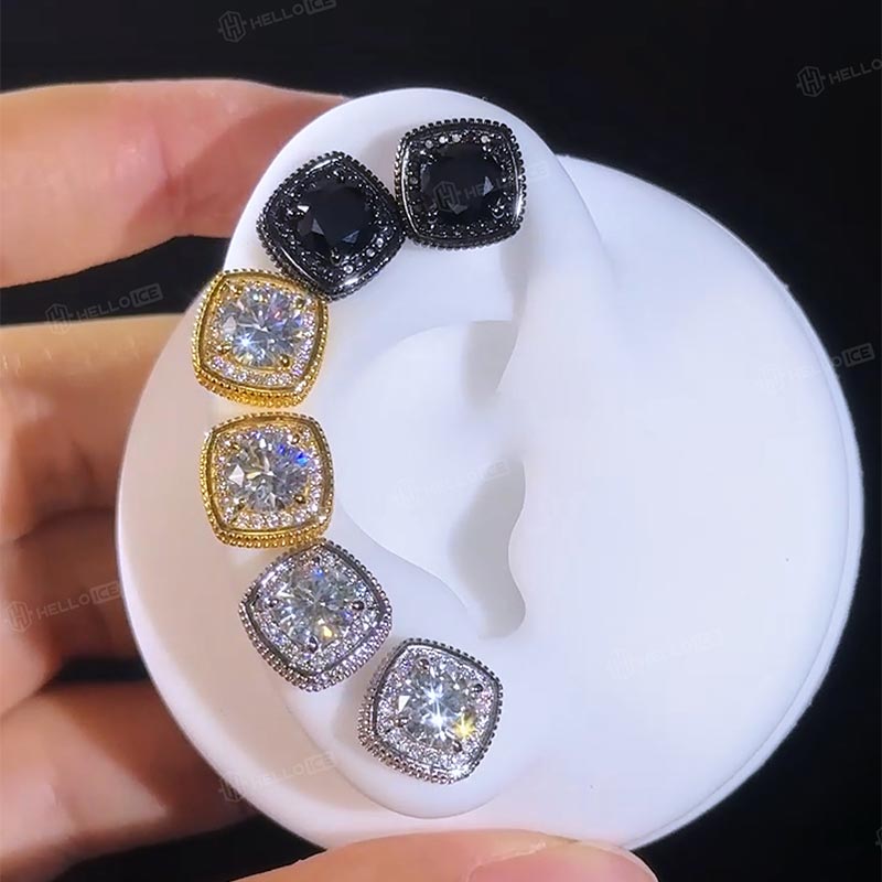 925 Silver & VVS1 Moissanite Black Cushion Cut Halo Stud Earrings 925 Silver & VVS1 Moissanite Black Cushion Cut Halo Stud Earrings